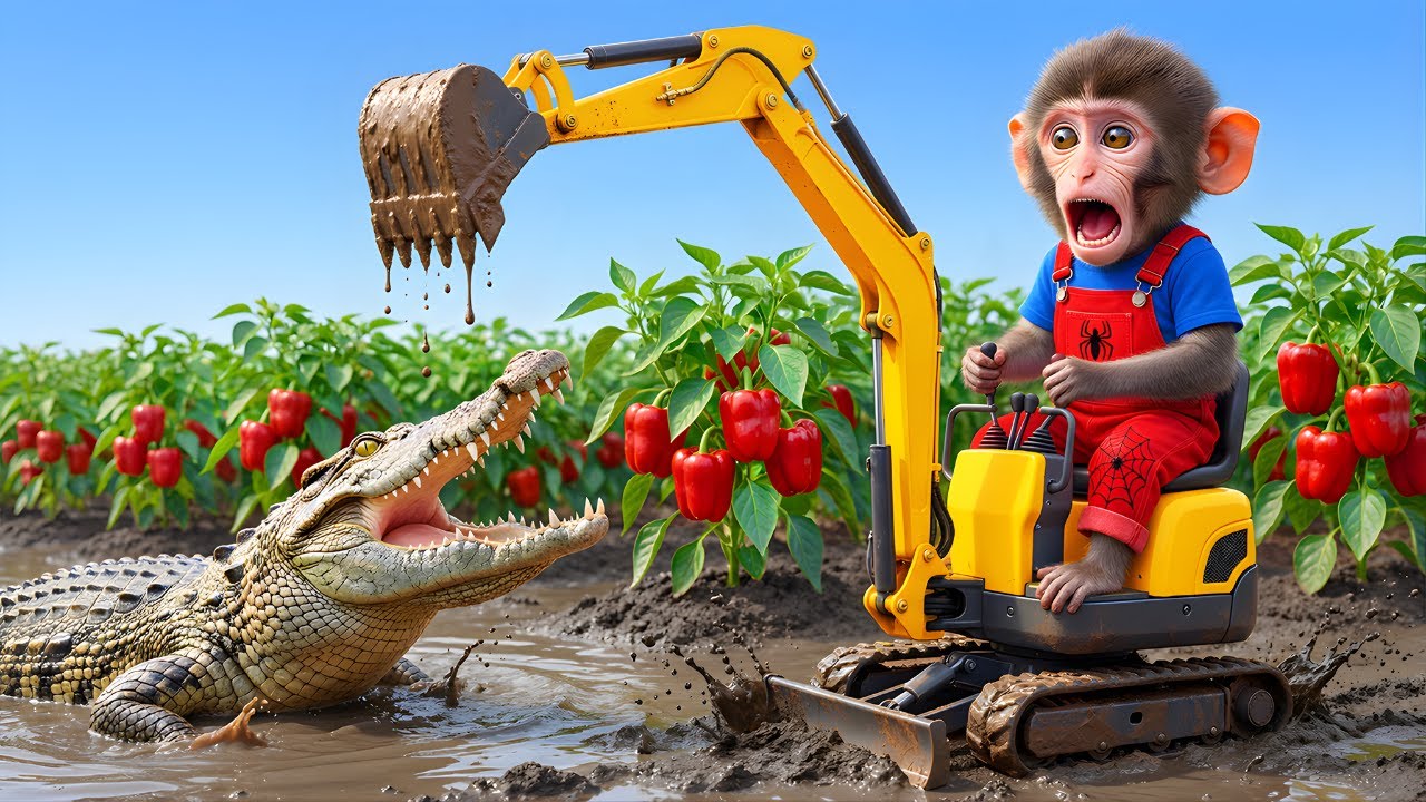 Monkey TiTi Drives The Tractor to Rescue His Bell Pepper Farm... But a Ferocious Crocodile Jumps Out