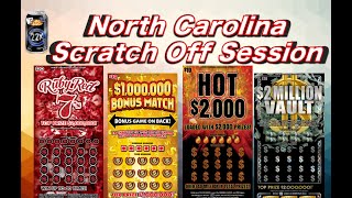 $70 NORTH CAROLINA LOTTERY SCRATCH SESSION - BONUS MATCH, HOT $2,000, RUBY RED 7'S, $2,000,000 VAULT