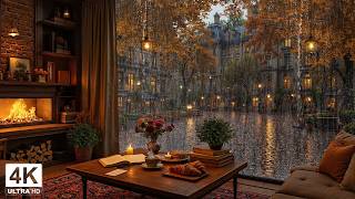 Rainy Autumn European Coffee Shop 🍁 Warm Jazz Music & Fireplace Sounds for Peaceful Study Moments screenshot 4