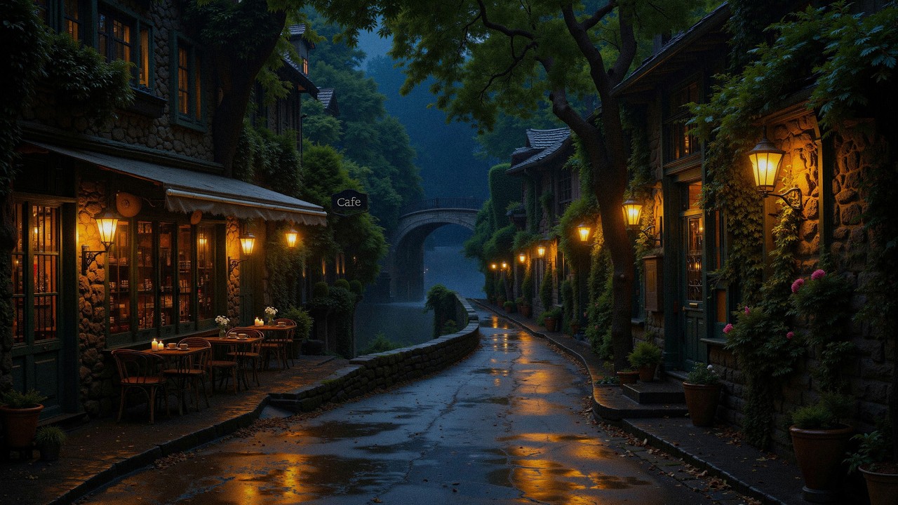 Rainy Street Jazz by a Cozy Vintage Café 🌧️ Warm Window Lights and Calm Coffee Shop Mood for Study