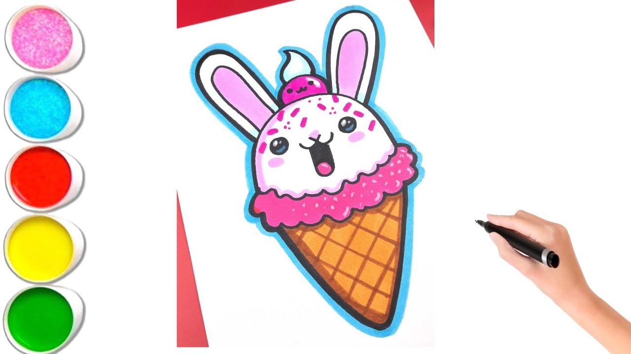 Милый зайчик 🐰 Рисование и раскрашивание мороженого | Простой рисунок мороженого 🍦 для детей с по...