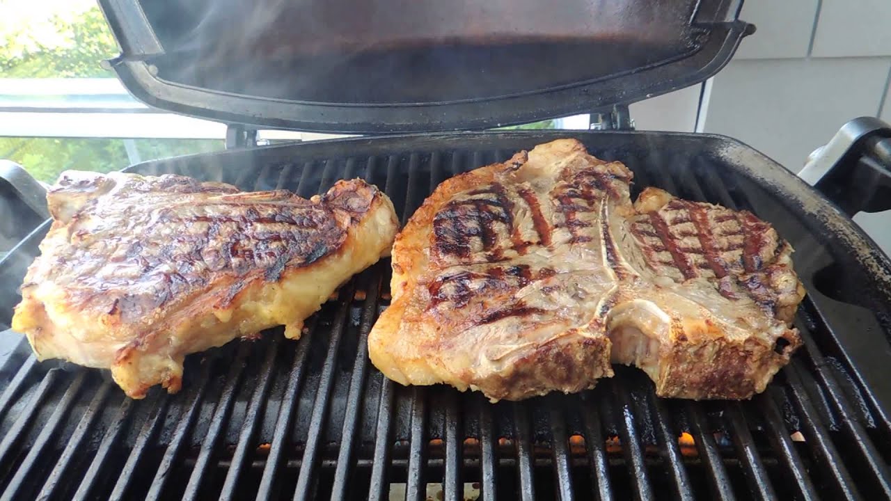 T-Bone Steak grilled on Webers Q Gas grill on www.foodfamily.net - YouTube