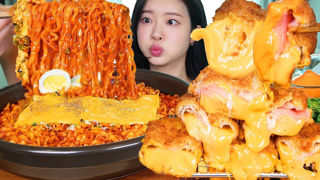 ASMR MUKBANG | 꾸덕한 불닭볶음탕면 🔥 체다치즈폭탄돈까스 🧀💣 고자극조합 먹방 Thick Buldak Noodle Soup & Cheese Bome Pork Cutlet