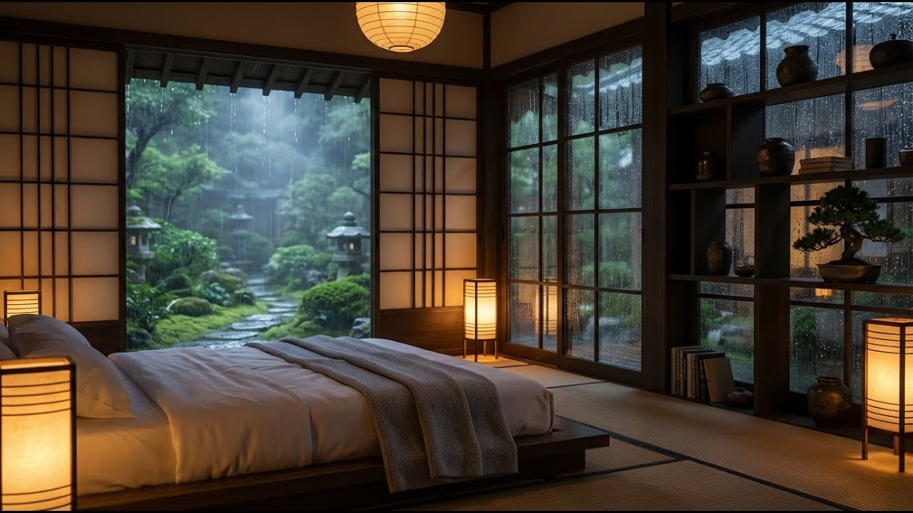 Calm Night Rain & Felt Piano in Japanese Bedroom with Bonsai for Instant Sleep and Peace 🌙