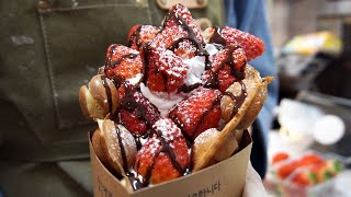 벌집 와플 - Hong Kong style waffle 雞蛋仔, ワッフル - korea street food - 홍콩 달걀빵, 홍콩와플, Wafel, 딸기 strawberry
