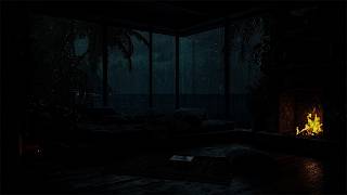 Quiet Ocean Night During, Rainstorm and Crackling Fire at Bedroom | Cozy Warm Ambience for Sleep