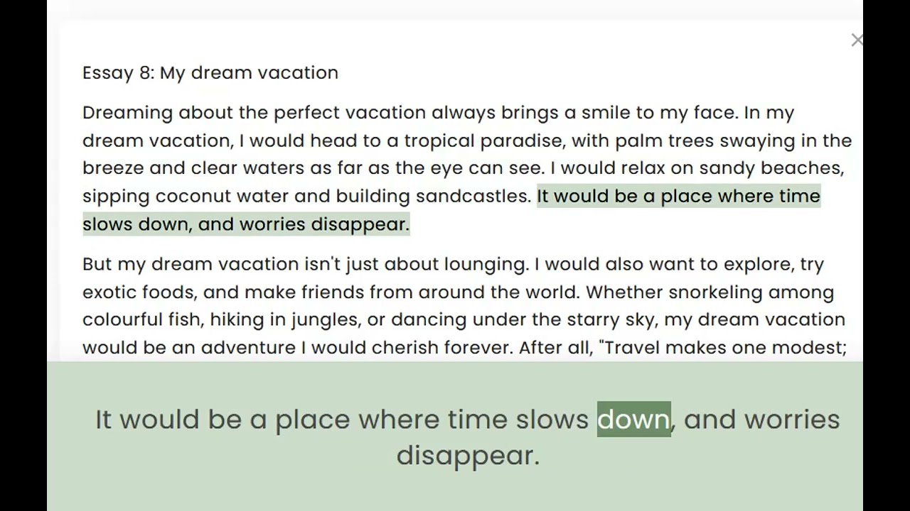 Essay 8 My dream vacation for grade 5, 6