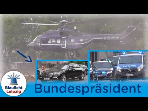 [Steinmeier in Leipzig] VIP-Kolonne Bundespräsident und Start Hubschrauber Super Puma Bundespolizei