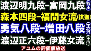 佐々木勇気八段ｰ増田康八段(王将)、渡辺明九段ｰ富岡九段(叡王)、森本四段ｰ福間女流(棋聖)、渡辺正六段ｰ伊藤女流(王位)　など　評価値放送