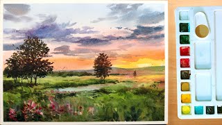 Painting with Watercolors: A Beautiful Sunset Landscape with Trees