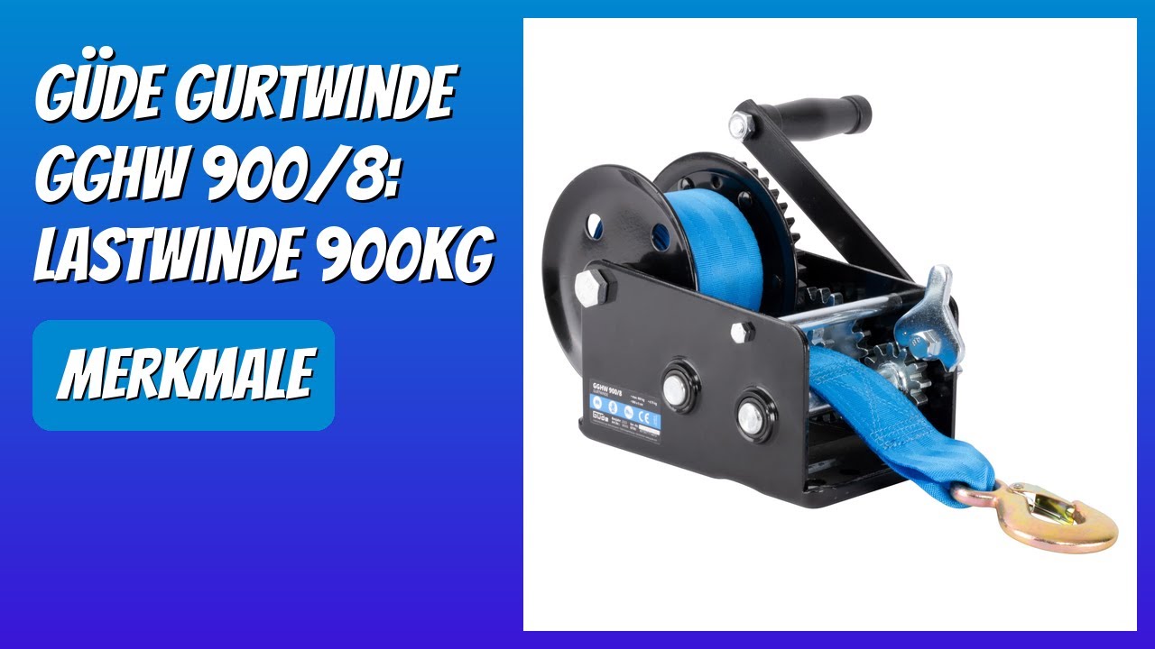 Güde Riemlier GGHW 900/8 (900 kg max. trekkracht, 8 m riemlengte, 5 cm riembreedte, lasthaak met druppelopening, vergrendelingshendel, handslinger met softgrip, bodemplaat met gaten voor vaste