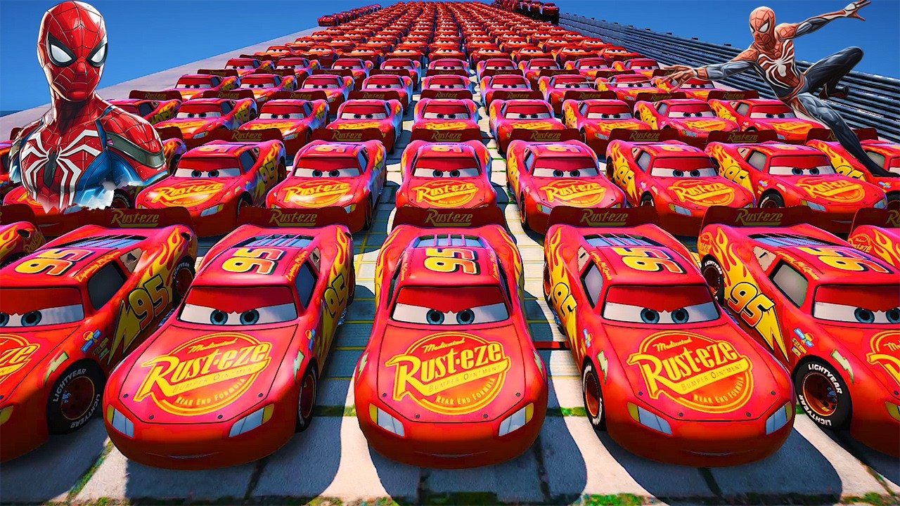 GTA 5 SPIDERMAN Cars Challenge Lightning & Monster McQueen Jackson Storm Miss Fritter & Friends Cars