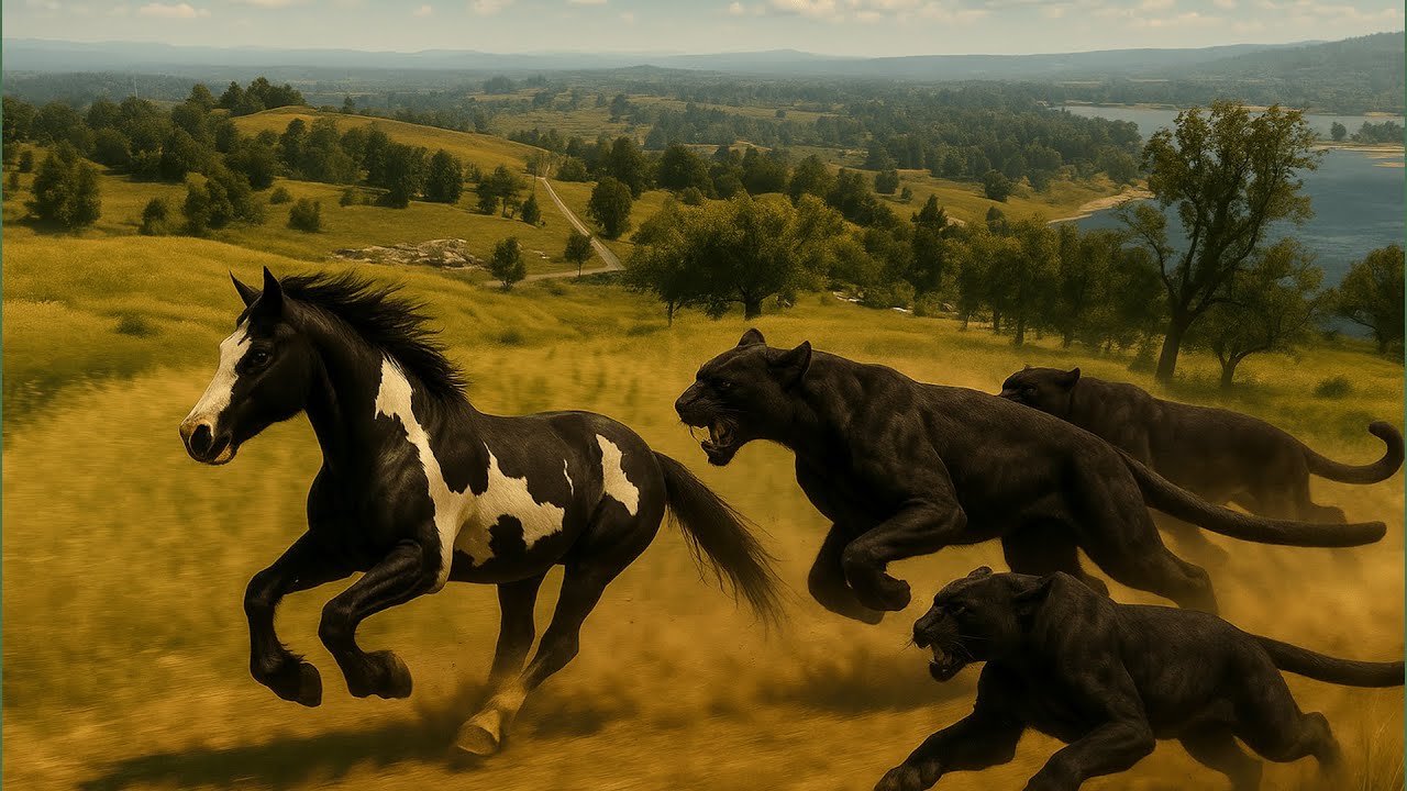 White Black Horse Hunted by 4 Hungry Panthers in the Grass Land – Intense Chase