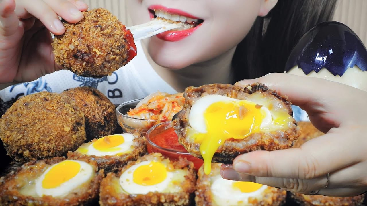 ASMR MUKBANG DEEP FRIED SOFT BOILED EGGS AND CHEESE EATING SOUND LINH