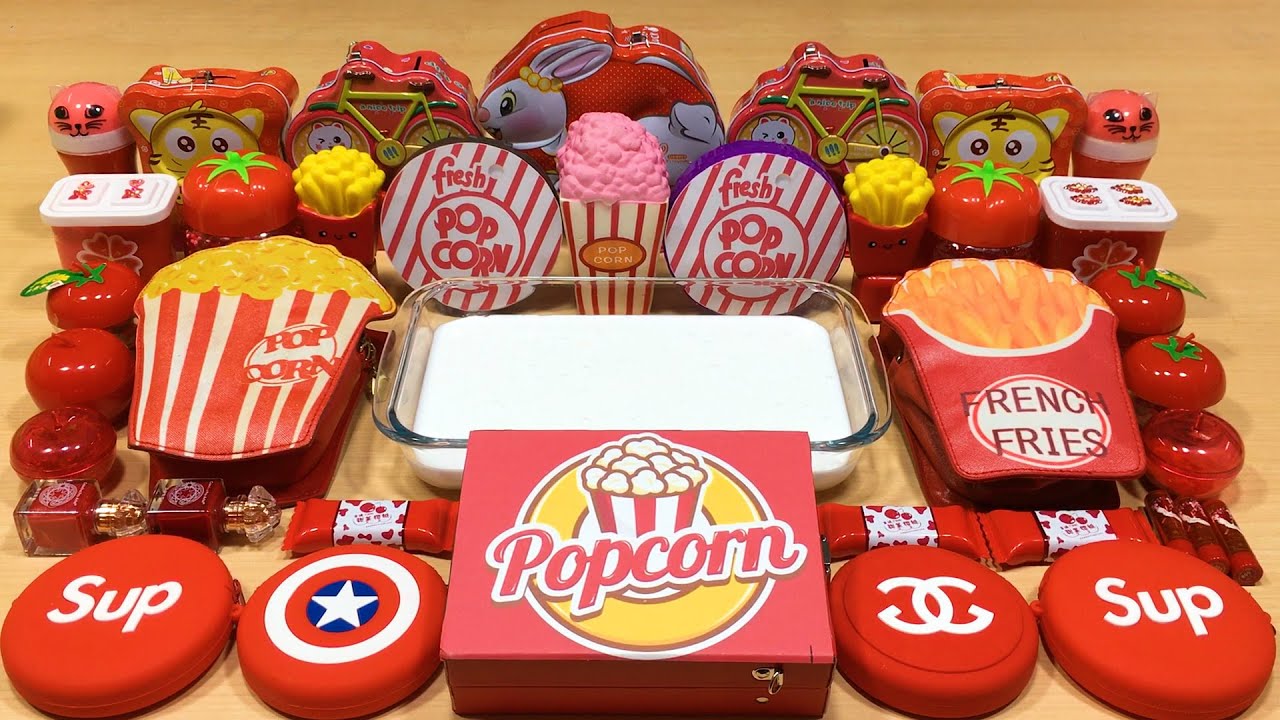 Series RED POP CORN Slime! Mixing Random Things into GLOSSY Slime! Satisfying Slime Video #83