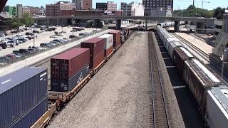 BNSF WB Stacktrain with CREX Leaser DPU and UP WB Sand Train. Kansas City, MO 7/8/17