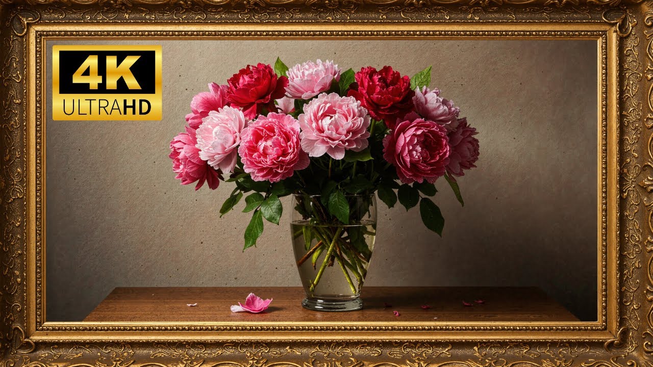Moving Art: Elegant Peony Bouquet in 4K with a Golden Frame 🖼️✨| Frame TV ART | Screensaver for TV