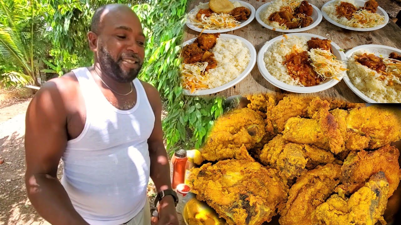 🇯🇲 best finger licking Curry french fried chicken with white rice and vegetable