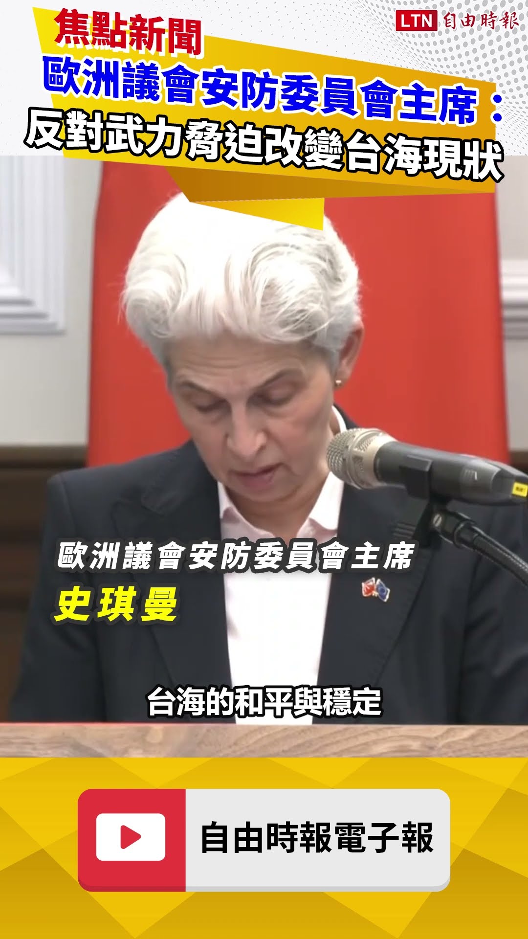 歐洲議會安防委員會主席：反對武力脅迫改變台海現狀
