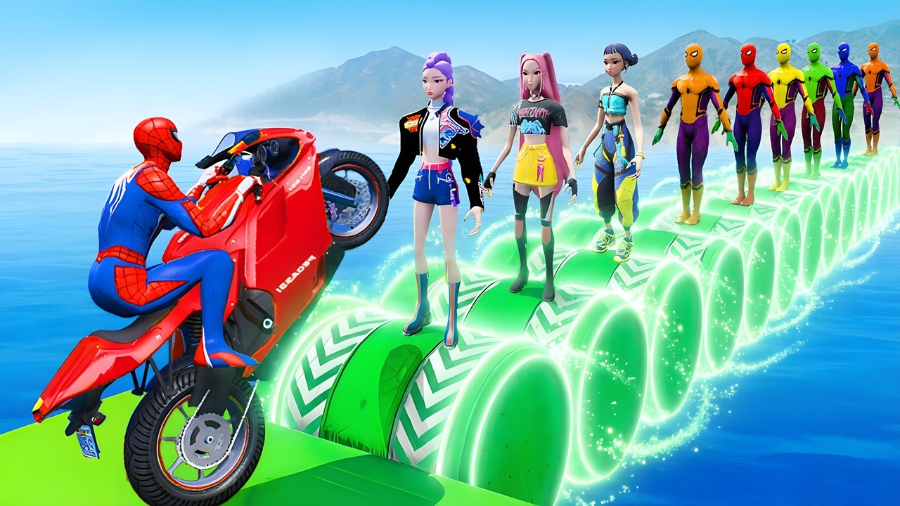 GTA V SPIDER-MAN 2 & POPPY PLAYTIME, RUMI, POKEMON Drive Through the Track 💥 Epic GTA 5 Stunt Race!