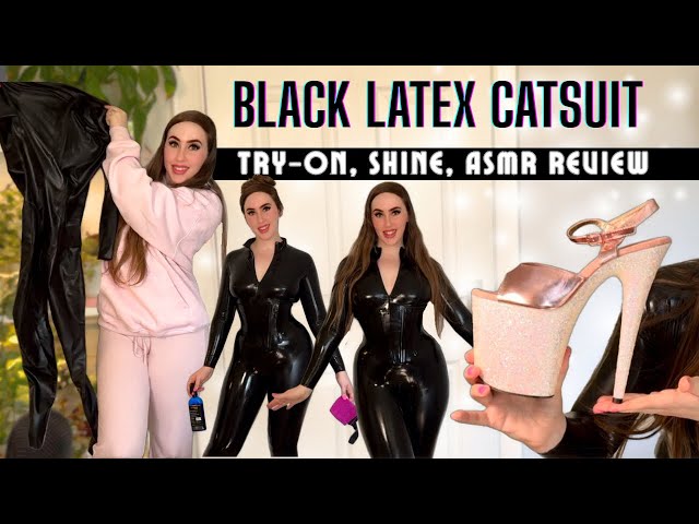Black Latex Catsuit Try-On, Shine, ASMR - Review