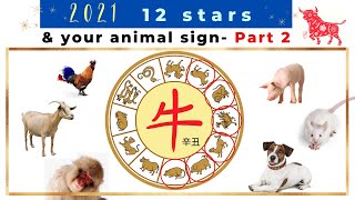 2021 Part 2 — animal signs and the 12 stars for the Ox year: Goat, Monkey, Rooster, Dog, Pig, Rat