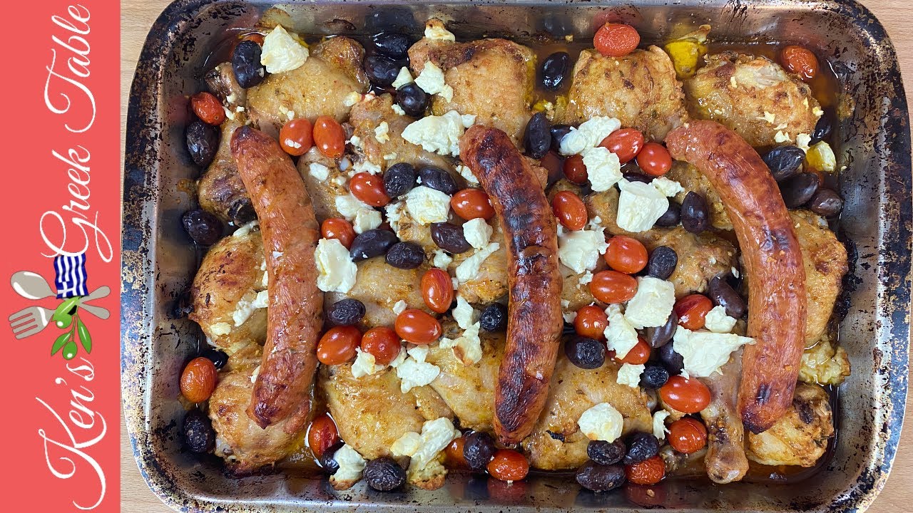 Easy Chicken & Sausage Tray Bake   Greek Style Chicken Recipe