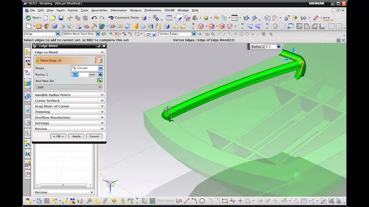 NX 8.5 Modelling - Edge Blend, Vertex Tangent Edges, Selection Intent