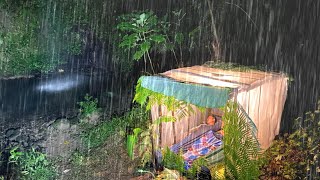 camping during a heavy thunderstorm with nonstop rain // building twostory shelter out of plastic