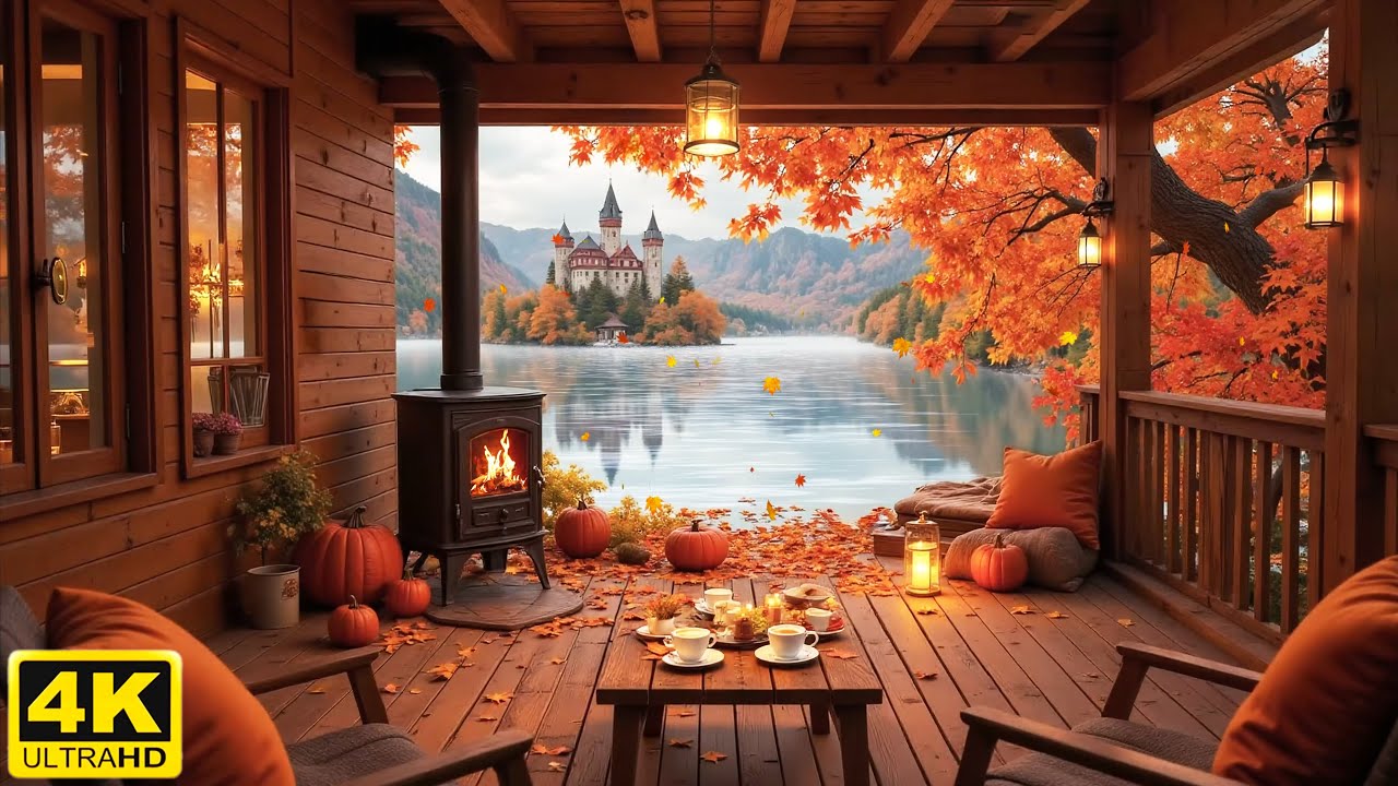 Cozy Autumn Cabin by the Lake 🍁 Relaxing Piano Music, Fireplace ...