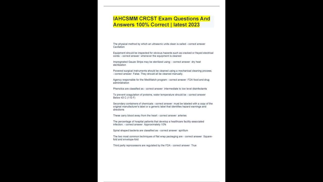 IAHCSMM CRCST EXAM QUESTIONS AND ANSWERS 100 CORRECT LATEST 2023 YouTube