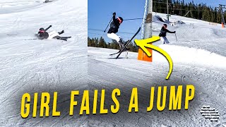 Girl Tries to Do a Jump While Snow Skiing but Falls on Her Back
