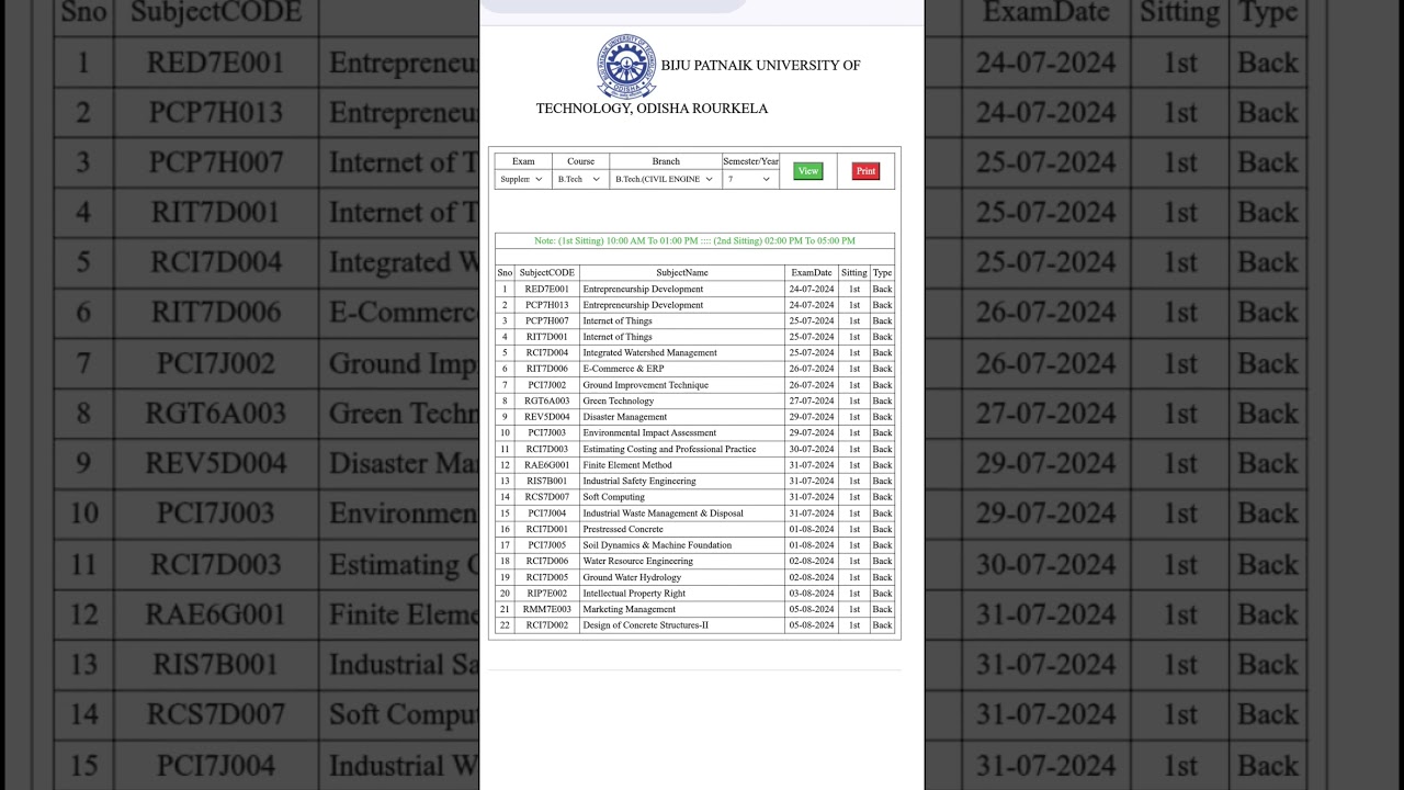 BPUT SUPPLEMENTARY EXAM SCHEDULE FOR CIVIL ENGINEERING 2024 7TH SEM