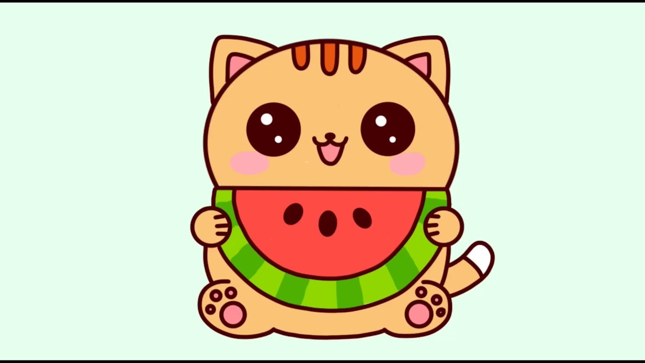 how to draw a cute cat eating watermelon | easy drawing tutorial