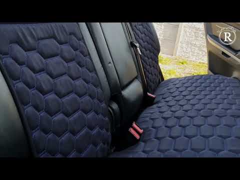 Преміум накидки на задні сидіння RINNEKO Чорна Алькантара строчка синя дизайн Соти 3 шт, видео 1