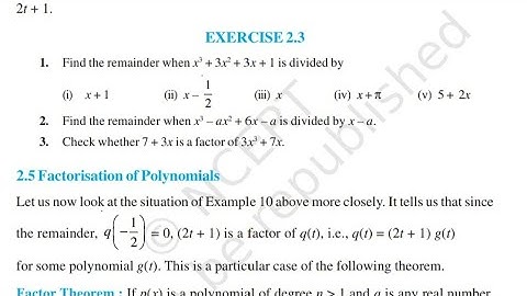 Exercise 2.3 Class 9th | Find remainder | Factor Theorem