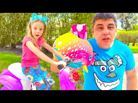 Nastya tập đi xe đạp cùng bố! Video hữu ích cho trẻ