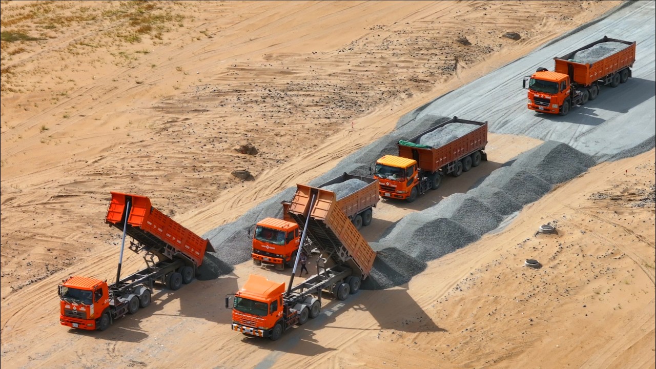 DumpTruck Transport Rock Filling To Contruction Road With Dozer Komatsu Push