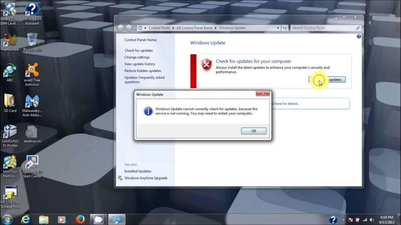 Unable to check for update. Windows 7 fix. windows update cannot currently check for updates,because the service is not running.