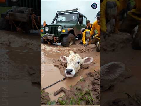 baby calf falls into huge mud saved by his mother #humanity #animals #funny #cartoon