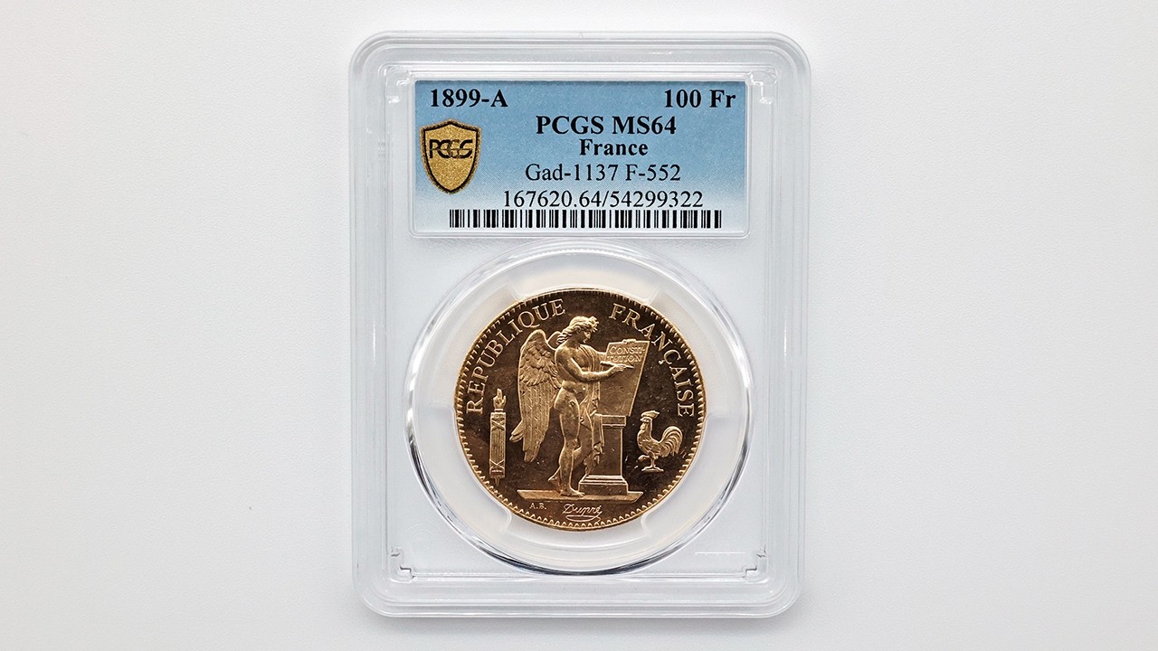 1899A フランス エンジェル 100フラン 金貨 PCGS MS 64 準最高鑑定 未