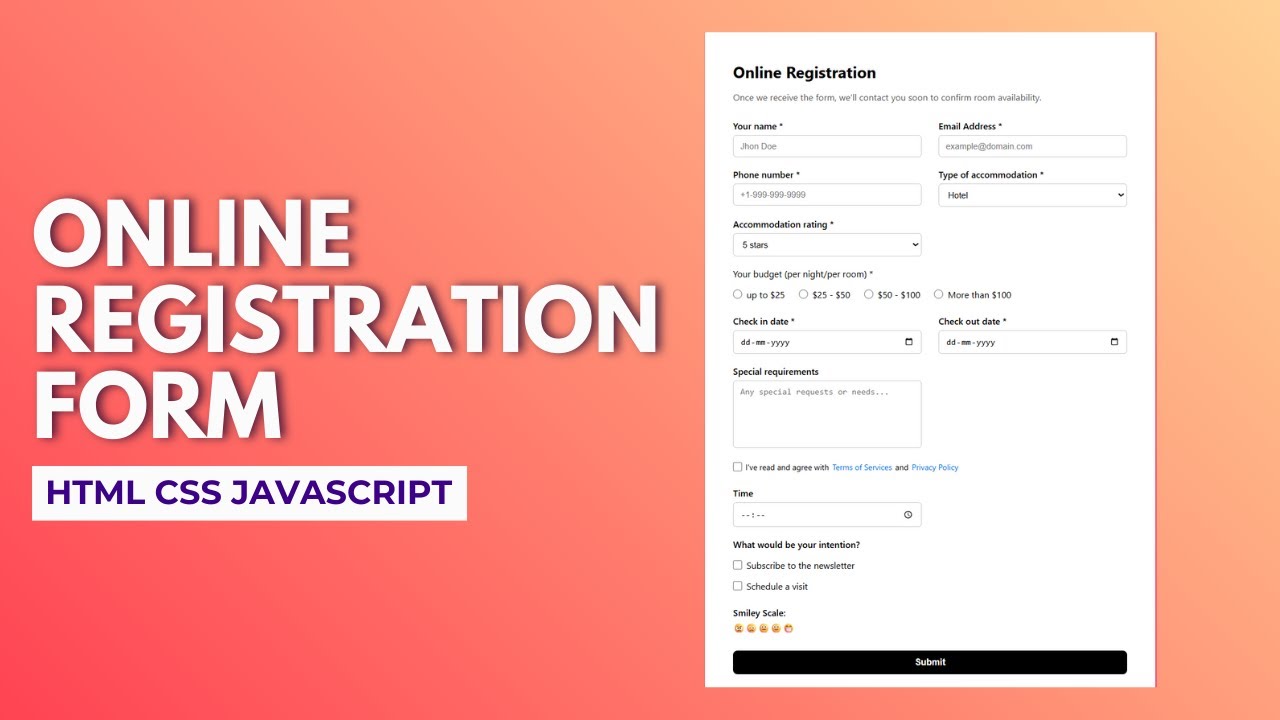 Online Registration Form Using HTML CSS JavaScript | Responsive Form ...