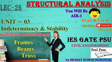 Structural Analysis~Lec 26~U3~Indeterminacy & Stability (kinematic indeterminacy or DOF)by Bharat KM