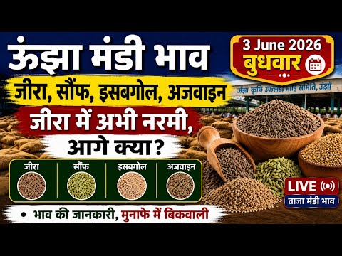 जीरा में मंदी या तेजी? | ऊंझा मंडी भाव आज 3 जून 2026 | जीरा, सौंफ, इसबगोल, अजवाइन