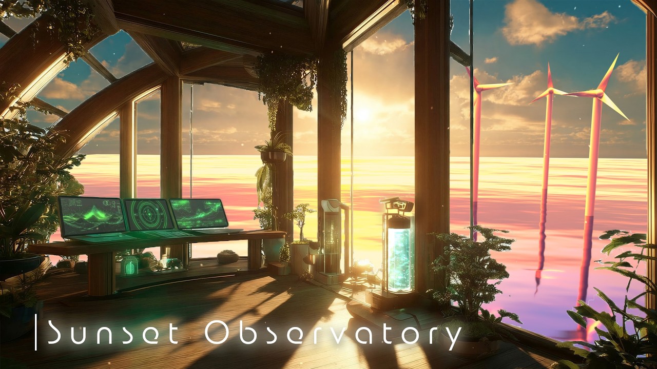 茜色の空と海上観測ルーム- 夕暮れの波音と風車 | 勉強 集中 読書 仕事 BGM