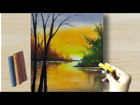 How to Draw Easy Waterfall and Sunset Scenery | Oil Pastels Drawing - GTDB  Videos gtdb.org