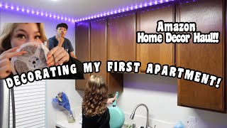 MOVING INTO MY FIRST APARTMENT - Setting Up LED Lights &amp; Amazon Home Decor HAUL!!