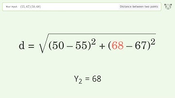 Find the distance between two points p1 (55,67) and p2 (50,68): Step-by-Step Video Solution