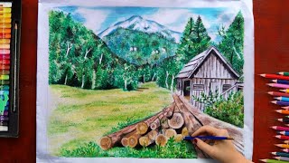 Landscape Drawing | Village Drawing | How To Draw Easy Scenery Drawing With Beautiful Landscape
