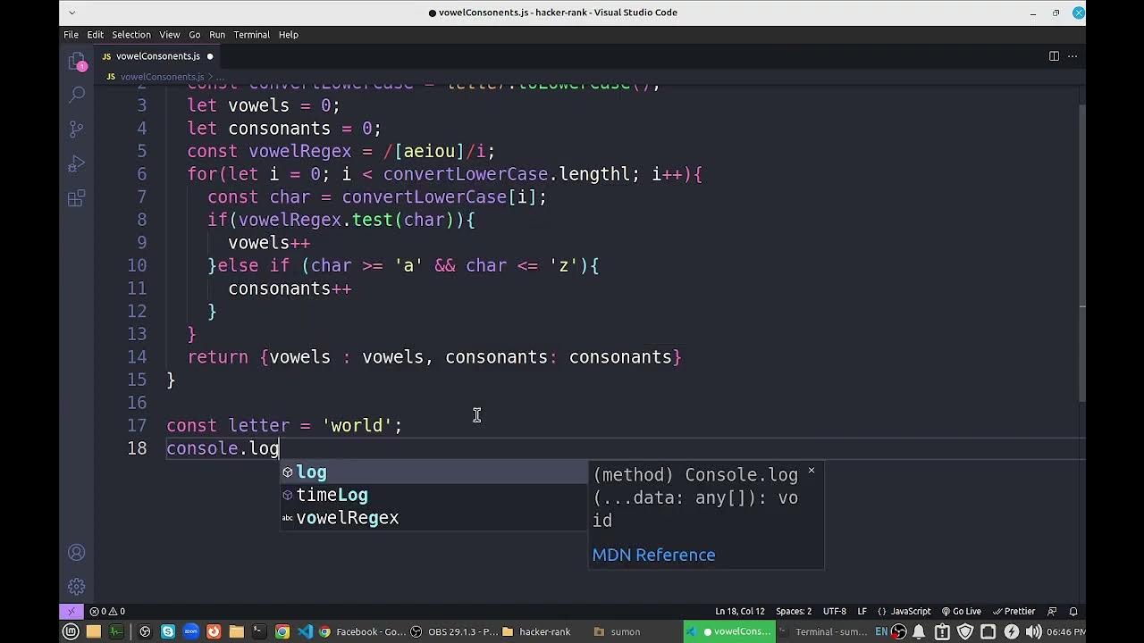 JavaScript problem solving find the vowels-consonants - YouTube